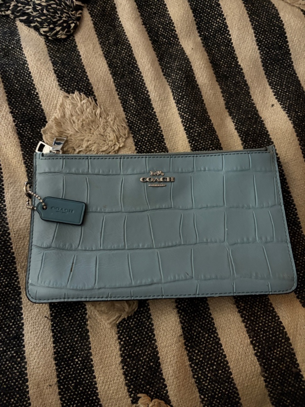 Coach Croc-Embossed Leather Wristlet in Dusty Blue